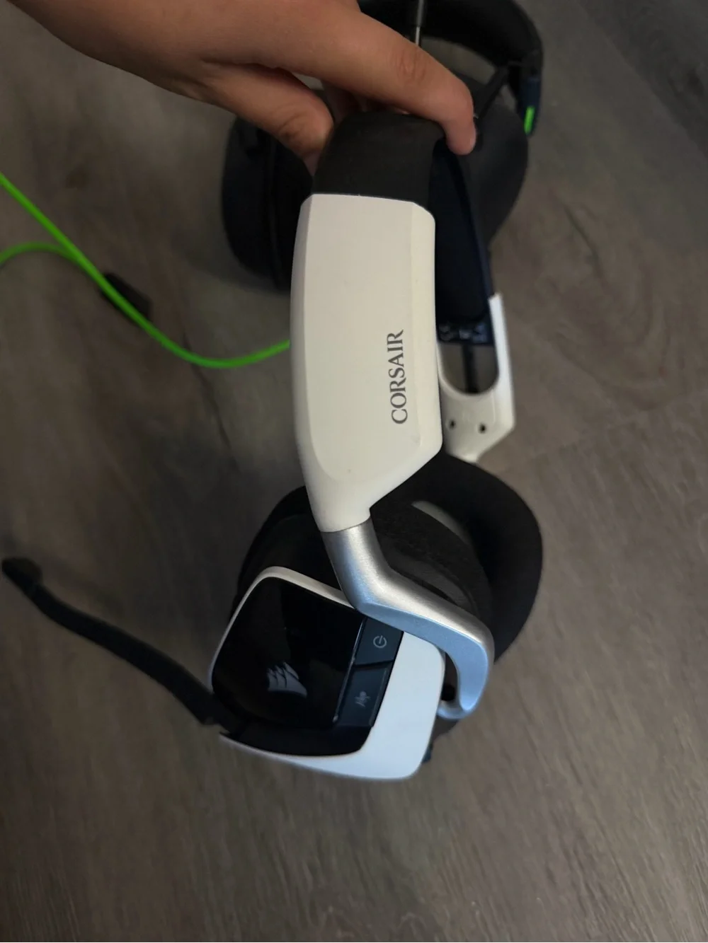 Corsair Black and White Gaming Headsets with Green Cable
